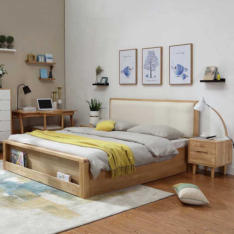 北欧风实木床现代简约橡胶木气压储物婚床卧室双人床皮靠背高箱床