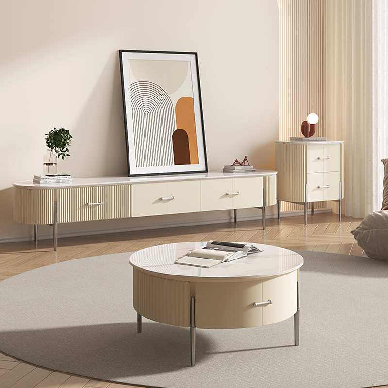 岩板茶几小户型奶油风客厅家用大小圆组合简约现代圆形法式茶桌子