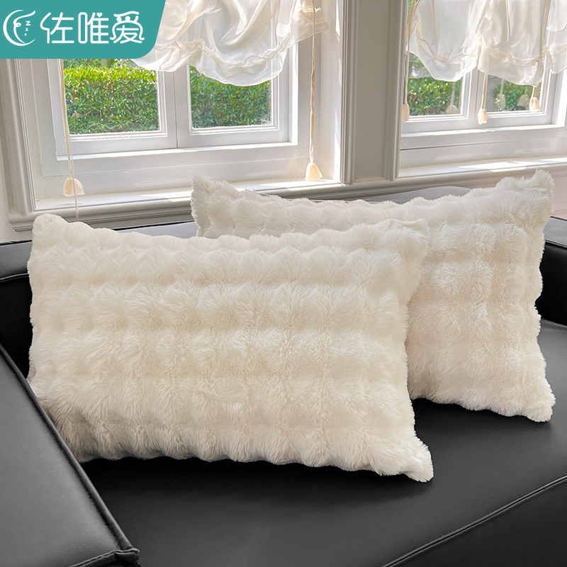 冬季兔毛绒枕套一对装家用纯色加厚珊瑚绒枕头套小仙女枕芯内胆罩