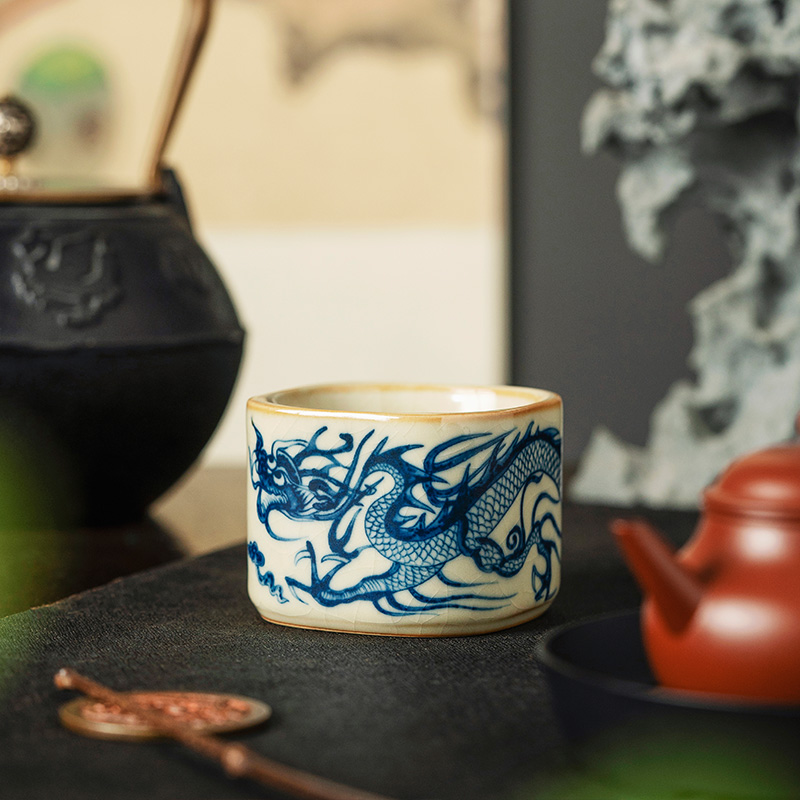 汝窑青花茶杯主人杯个人家用办公室中式开片喝茶杯单茶盏