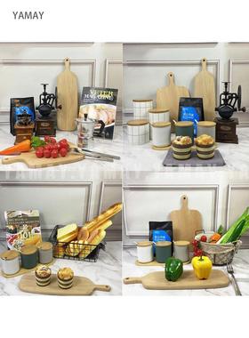 样板房软装厨房样板间摆件咖啡壶菜谱组合面包蔬菜北欧式装饰品
