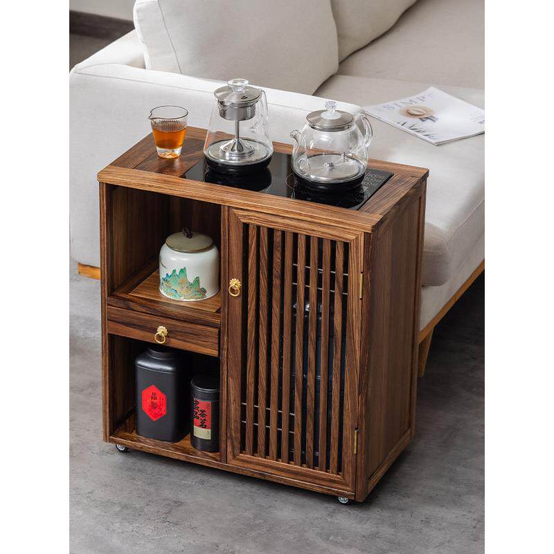 新中式乌金木小茶水柜家用可移动茶台嵌入式一体边柜客厅沙发茶几