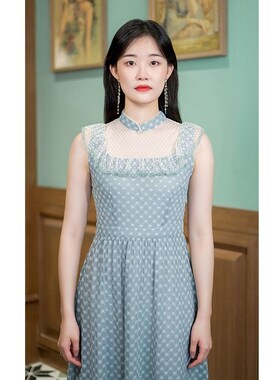 固执无袖立领小清新灰湖绿碎花中长连衣裙女41112LQ06576 8.15