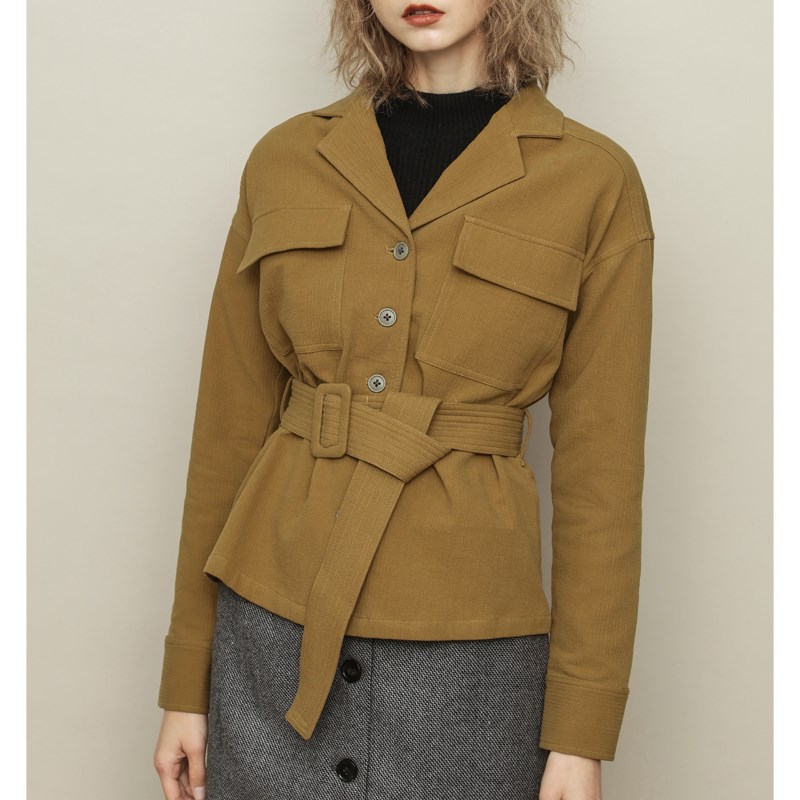 休闲百搭复古工装风纯棉宽松收腰短款长袖薄款衬衫外套女春秋