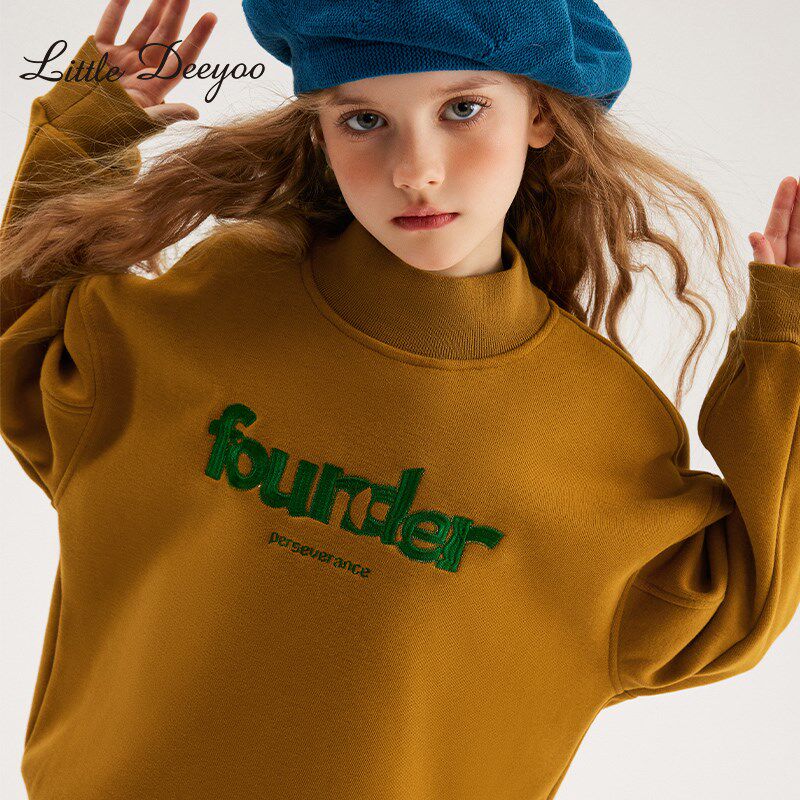 女童加绒加厚半高领卫衣2024冬装新款大童儿童抗皱耐洗一体绒上衣