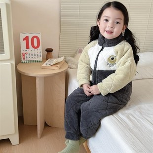 儿童睡衣冬季加绒加厚三层夹棉男女童超厚家居服拉链款居家外出服