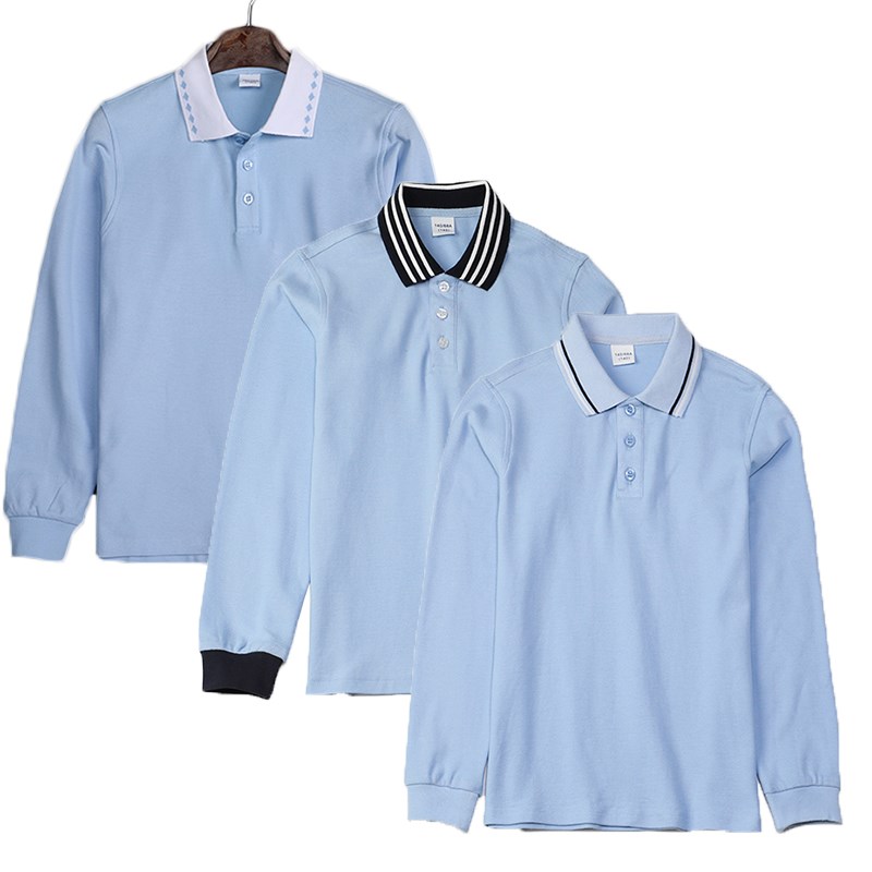 儿童POLO衫浅蓝色T恤男童t恤秋女童翻领白色蓝色小学生校服长袖