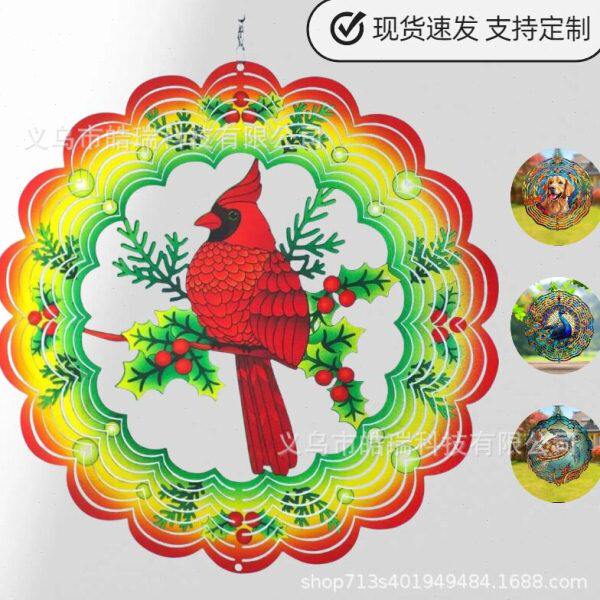 跨境新品风旋器不锈钢镜面3D风铃风车金属工艺品花园挂件装饰风铃