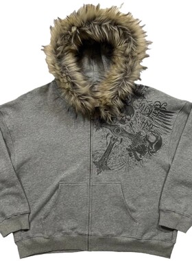 欧美风秋冬绒毛帽子卫衣嘻哈印花图案套头连帽衫街头潮流y2k外套