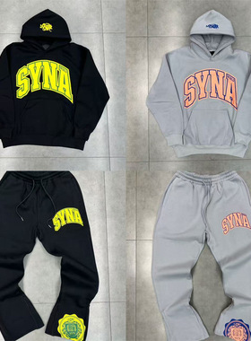 Syna world字母印花加绒连帽卫衣卫裤Drill美潮高街男女休闲套装