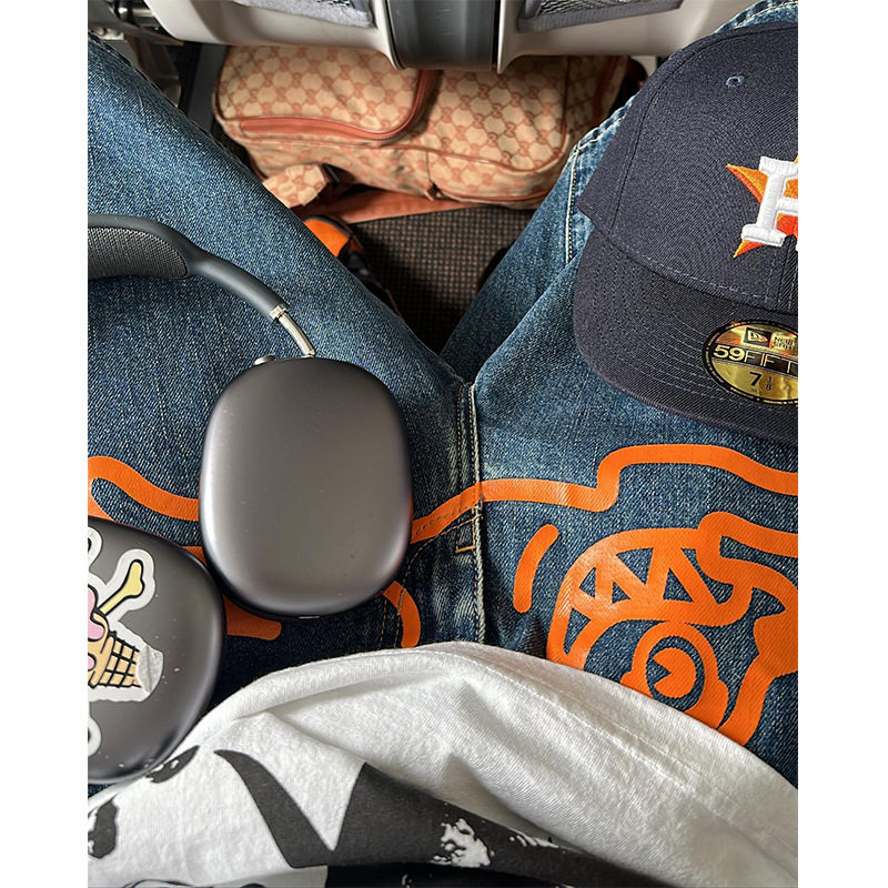马思唯美式高街嘻哈飞狗印花牛仔短裤男潮牌直筒宽松百搭五分裤子