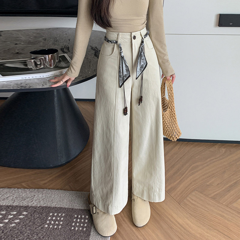 2026春夏新款牛仔棉高腰显瘦设计感腰带高腰长裤宽松阔腿休闲裤女