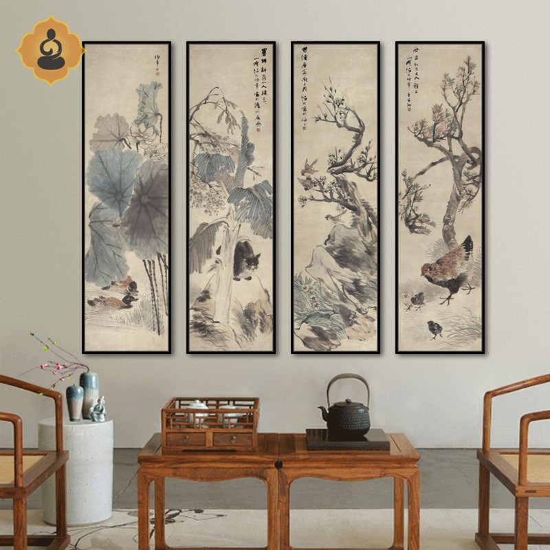任伯年花鸟四条屏国画客厅书房办公室内现代新中式布艺画框装饰画图片