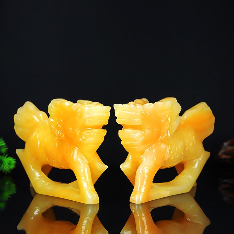 饰黄玉麒麟天然玉米玉色雕独角兽对玉雕工艺品装摆客厅家居饰品玉