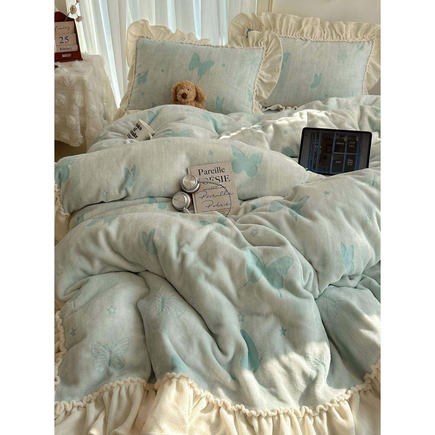 式蝴蝶雕绒花牛奶绒四件套冬季少女珊HJF瑚裙绒双面被套加法绒床,床上用品,床品套件/四件套/多件套,淘宝优惠券,粉丝福利购,淘宝优惠卷