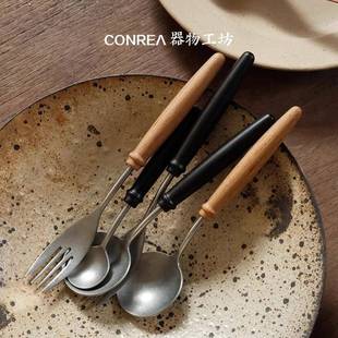 手作柚木筷紫光檀木餐勺QXB餐叉甜餐品勺不锈钢木套食品勺轻奢装