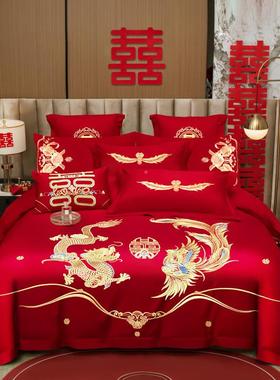 00％全棉婚四件套凤苏绣花长绒棉大红1色龙结婚新房庆喜高端RXA床