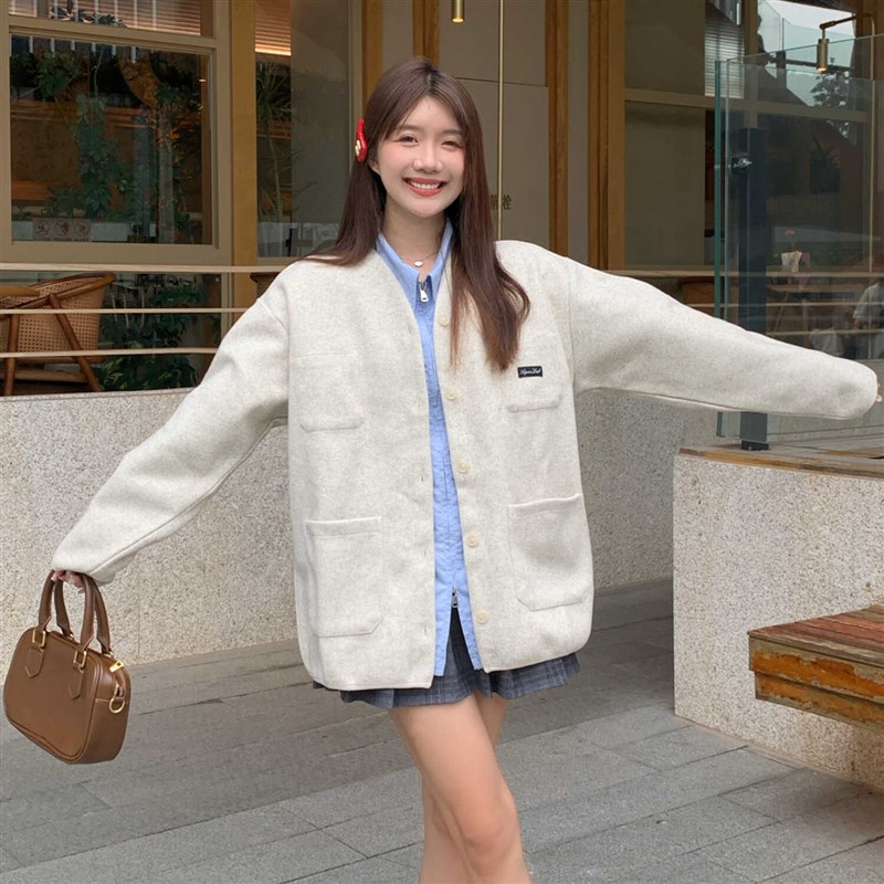 AGXS基础花灰色百搭简约单排扣开衫夹克大口袋男女外套