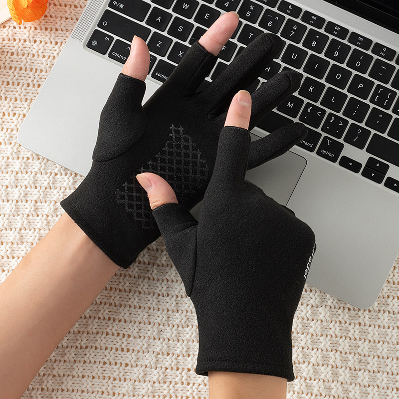 冬季德绒二指防滑手套保暖黑灰色弹力加绒户外骑车薄款半指可触屏