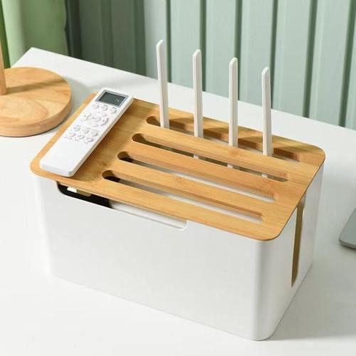 插线板收纳盒家用桌面电线盒竹木盖充电器电线收纳神器桌面集线器