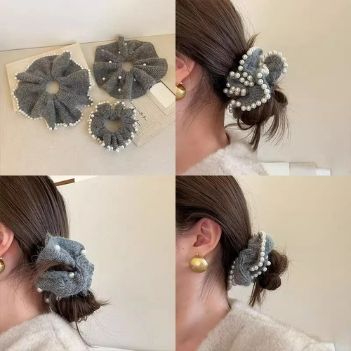 慵懒松弛感珍珠毛线针织发圈