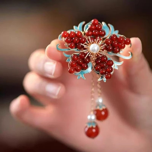 新中式复古花朵流苏发夹女边夹古风汉服发饰红色串珠头饰日常百搭