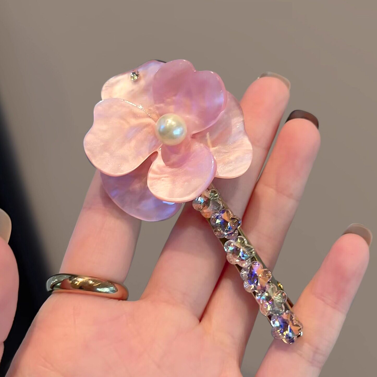 法式复古醋酸花朵珍珠鸭嘴夹