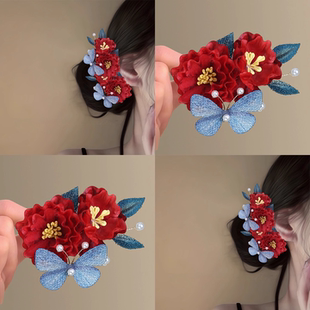 十里红妆~新中式红色花朵发夹新娘旗袍结婚盘发头饰订婚旅行发卡