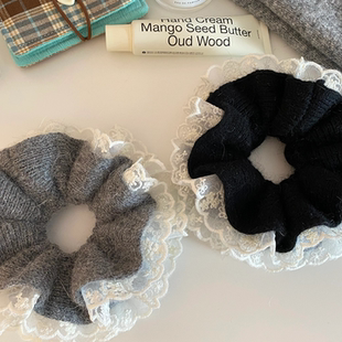 韩系灰色兔毛蕾丝针织大肠发圈女慵懒风扎头发超大号发饰头绳秋冬