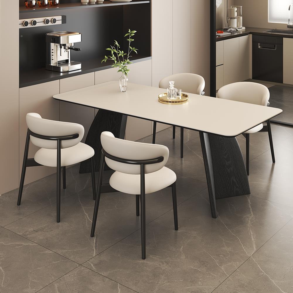 实木小实木斜角板户型极意式简白岩长纯方形餐桌椅组合家用现代简