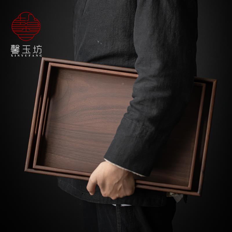 日胡长桃木托盘家方用式实木干泡茶盘形放胡桃木托茶杯收纳盘餐盘