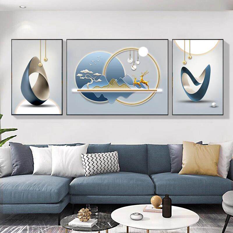 三联一鹿现框代简约厅客装饰画三联抽象几何一鹿生辉金色晶瓷画画