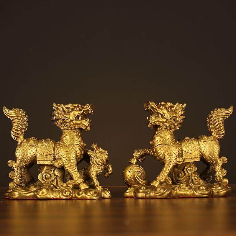 麒摆件一对戏珠铜麒麟黄铜家用卧室客厅门口店麟送铺办公室子VSU