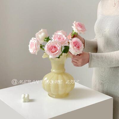 花奢中古轻芬顿摆花瓶件玻璃客厅水养插花鲜高级感DUM粉色琉璃装