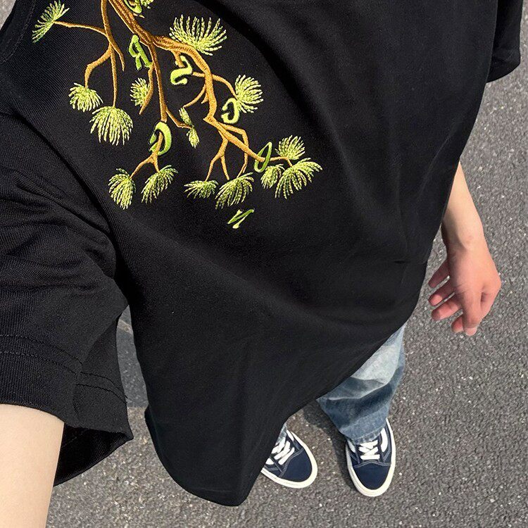 美式复古花卉刺绣短袖t恤男女2025夏季新款个性潮牌宽松纯棉上衣