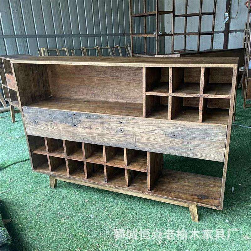 老榆木餐边柜复古实木客厅靠墙茶水柜多格储物柜茶杯收纳展示柜
