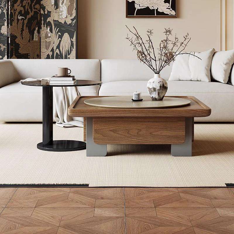 太阳女神复古风实木玻璃茶几组合北欧家用小户型客厅方几胡桃木色