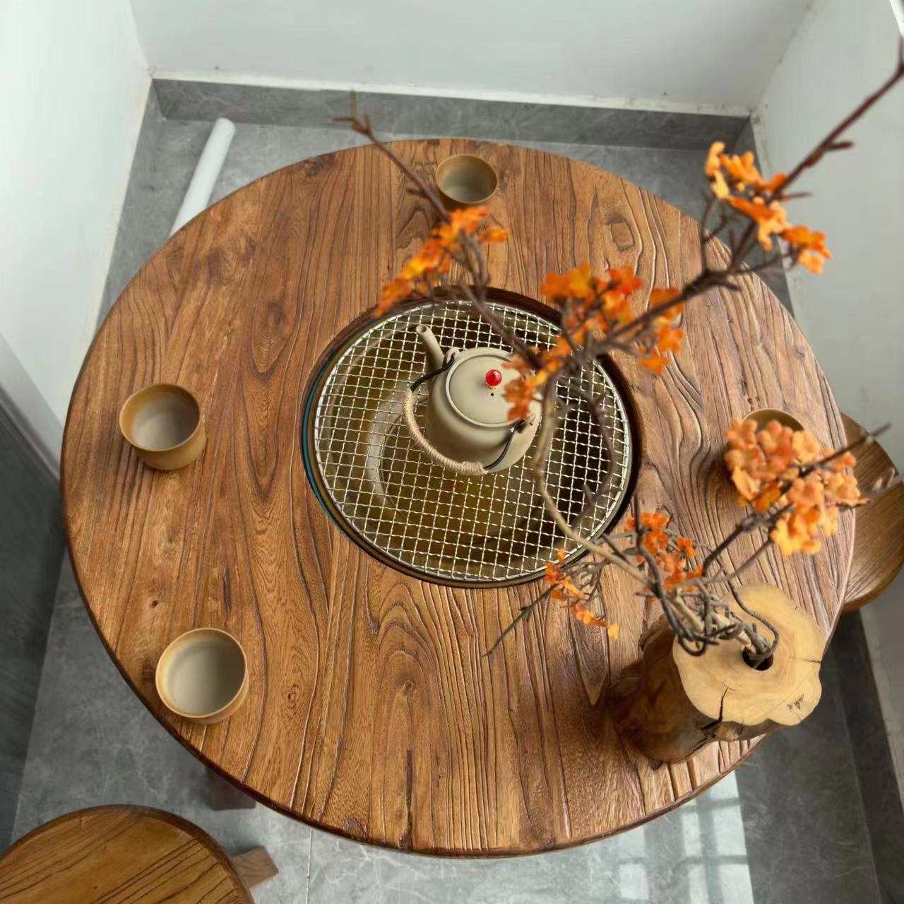 老榆木围炉茶桌小圆桌火锅煮茶桌几家用小茶台实木阳台桌原木餐桌