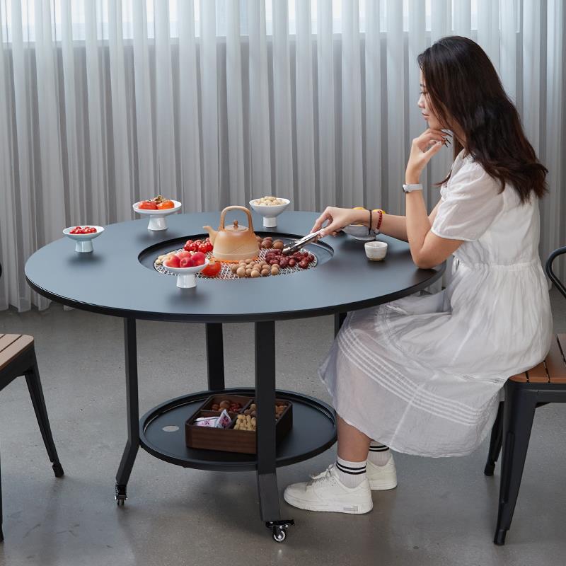 户外庭院烧烤桌花园休闲木碳炉电火锅餐桌别墅家用烧烤炉围炉煮茶
