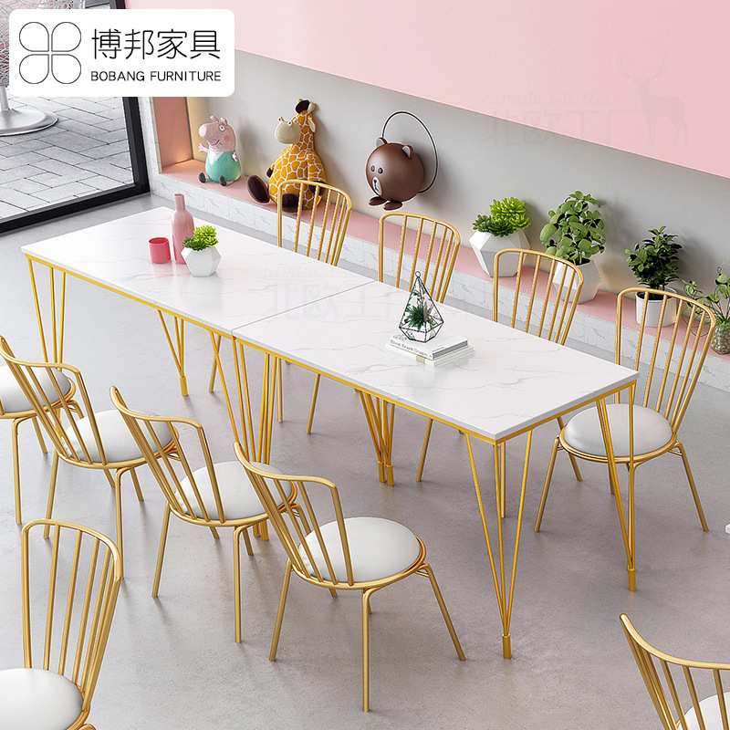北欧网红餐厅桌椅 奶茶店休闲桌子 白色大理石方形餐桌餐饮店桌椅