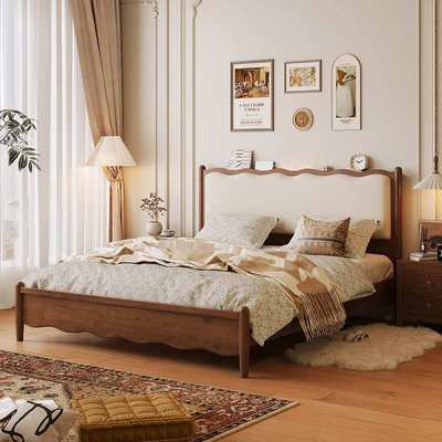 复古美式软靠床1.5米双人床1.8米波浪中古风实木床法式主卧婚床