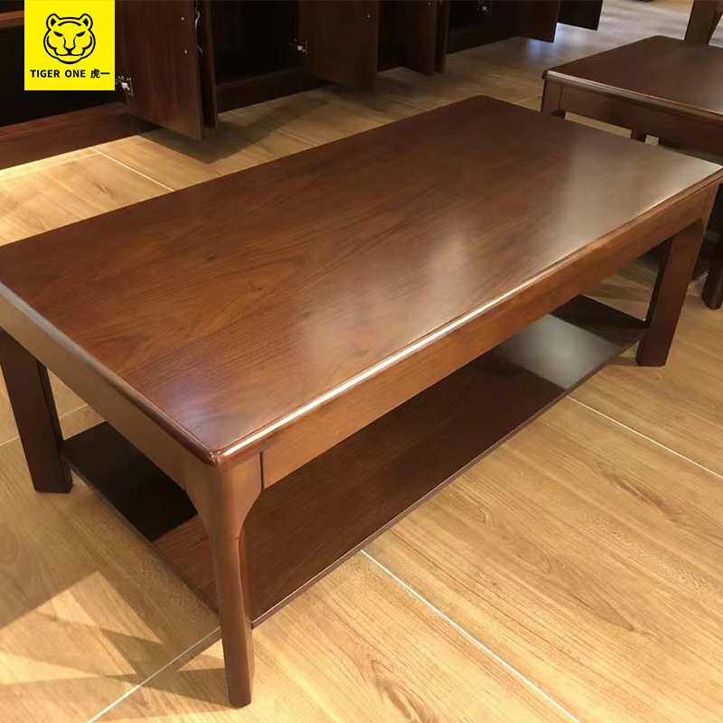 广东虎一办公家具沙发茶几办公茶几长方形双层胡桃色实木质皮佛山