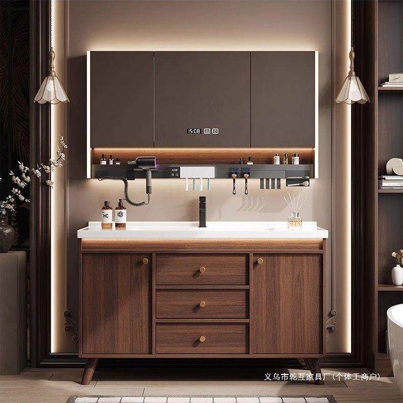 中古风胡桃木浴室柜组合陶瓷一体盆落地式卫生间洗手洗脸洗漱台盆