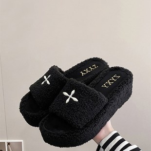 高跟毛毛拖鞋女秋冬外穿高级感厚底一字拖百搭松糕跟增高女棉拖鞋