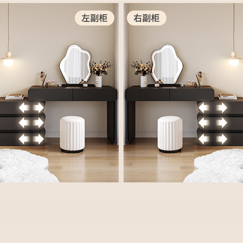 新款奶油风实木烤漆化妆台斗柜一体卧室简约现代化妆台化妆桌黑色