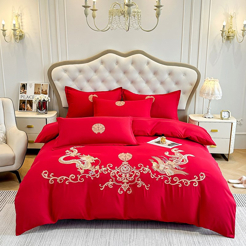 网红婚庆四件套婚嫁新婚纯棉水洗棉刺绣被套红色结婚喜庆婚床套件