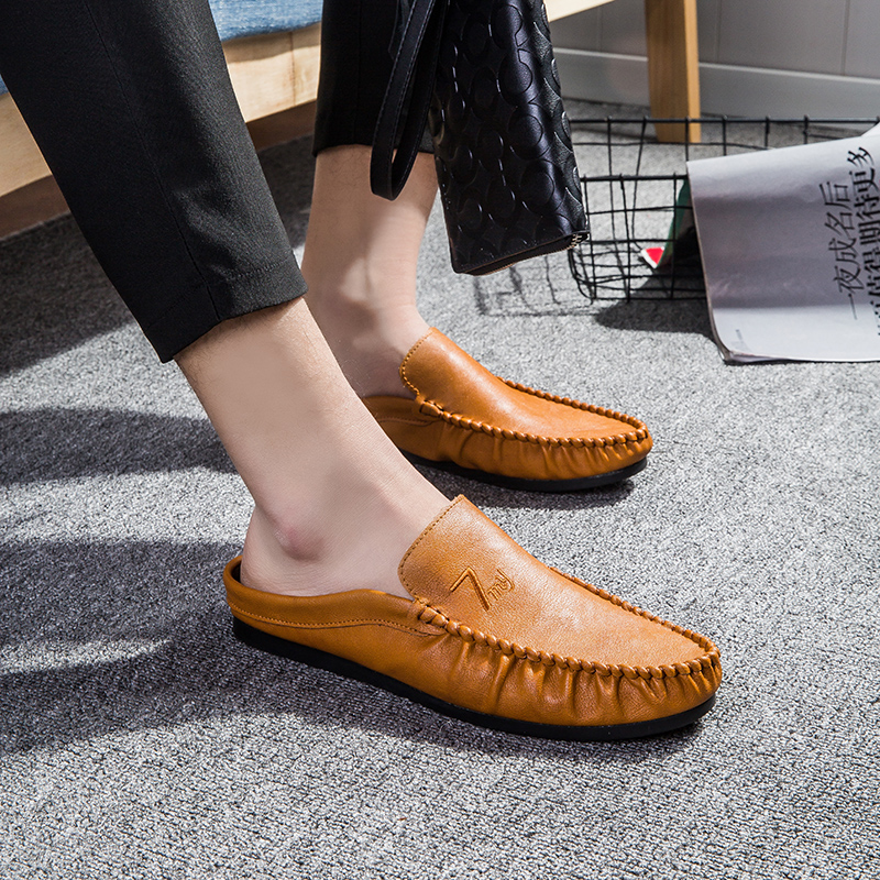 夏天包头半拖鞋男韩版无后跟皮拖鞋软底半托驾车豆豆鞋英伦凉拖鞋