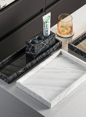 高级简大理石托盘桌面收纳装饰摆件样板房酒店高端台面置物托盘架