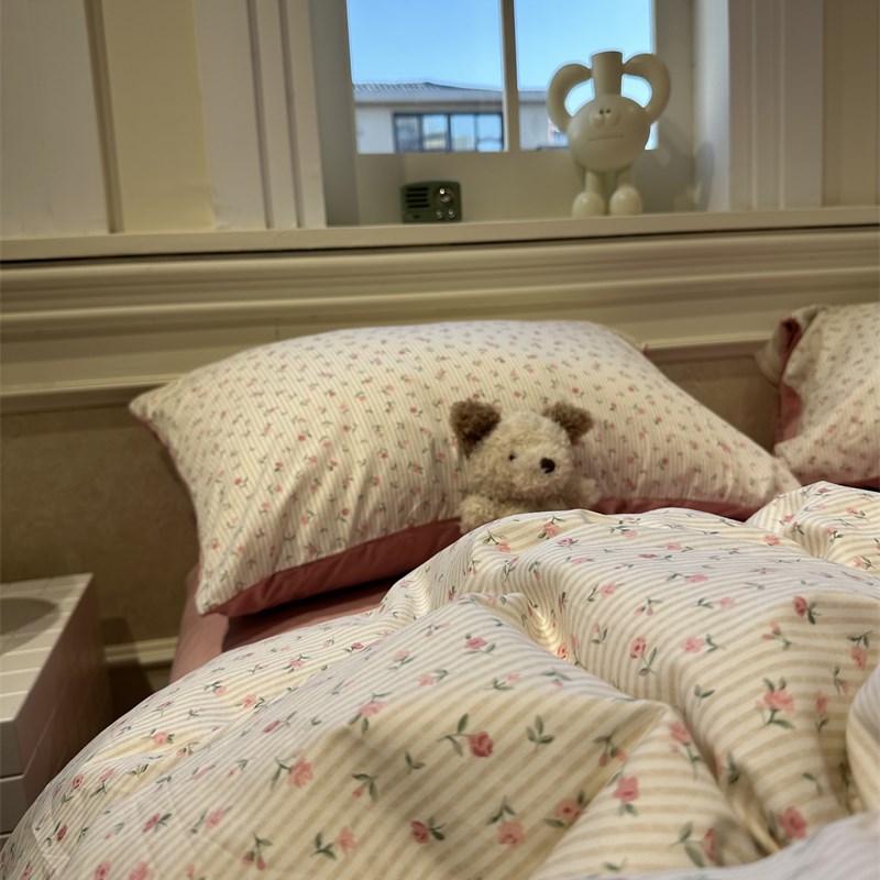 韩系条纹小碎花棉加绒四件套A面纯棉B面宝宝绒1.5m1.8保暖加厚冬