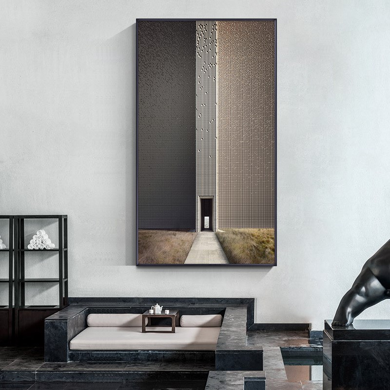 现代简约黑白灰建筑玄关装饰画背景墙面壁画竖版大气过道走廊挂画图片